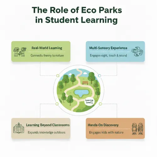 Map infographic of an eco parks showing recycling stations, sustainability zones, and educational areas