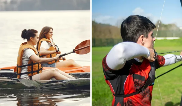 Man practicing archery and woman boating at an outdoor adventure park