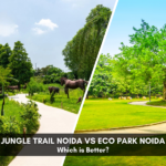 Jungle Trail Noida vs Eco Park Noida comparison banner showing greenery,walking paths,and park landscapes