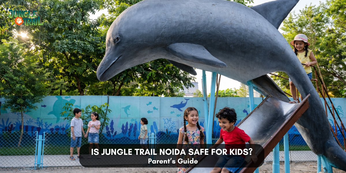 Children enjoying dolphin slide at Jungle Trail Noida, safe kids play area in Noida