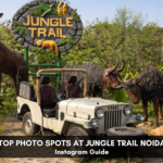 Safari jeep at Jungle Trail Noida surrounded by animal sculptures under Jungle Trail entrance sign, featured as a top photo spot.