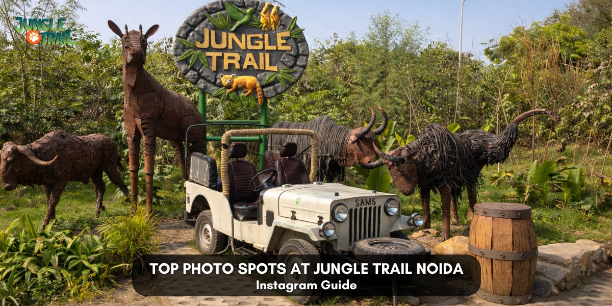 Safari jeep at Jungle Trail Noida surrounded by animal sculptures under Jungle Trail entrance sign, featured as a top photo spot.