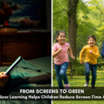 Split image of child using tablet at night and kids running outdoors showing screen-time vs outdoor play