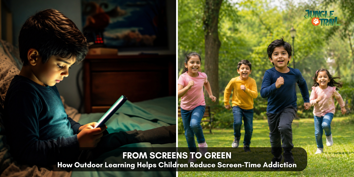 Split image of child using tablet at night and kids running outdoors showing screen-time vs outdoor play