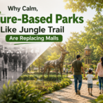 Jungle Trail Family enjoying a peaceful walk at Jungle Trail Noida surrounded by greenery and nature-themed spaces, contrasted with a crowded shopping mall to highlight the growing preference for calm, outdoor parks.
