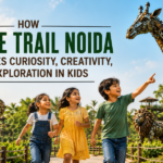 Jungle Trail Kids exploring Jungle Trail Noida surrounded by large recycled animal sculptures, encouraging curiosity, creativity, outdoor learning, and adventure through nature-inspired interactive experiences.