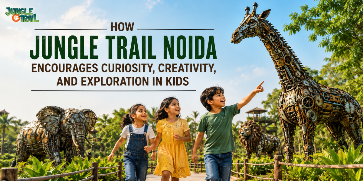 Jungle Trail Kids exploring Jungle Trail Noida surrounded by large recycled animal sculptures, encouraging curiosity, creativity, outdoor learning, and adventure through nature-inspired interactive experiences.