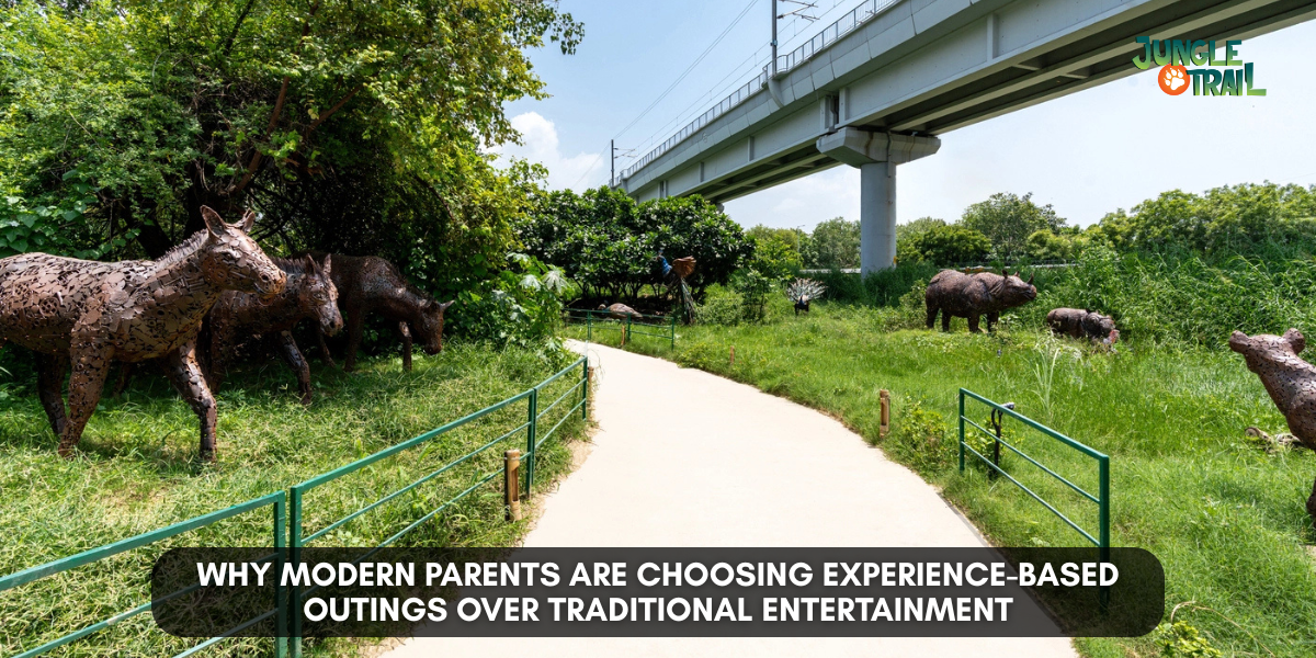 Family walking through a lush green jungle trail park with animal sculptures, showcasing experience-based outdoor activity for modern parents