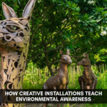 Recycled metal animal sculptures in a lush green setting at Jungle Trail Noida, showcasing creative installations that promote environmental awareness.