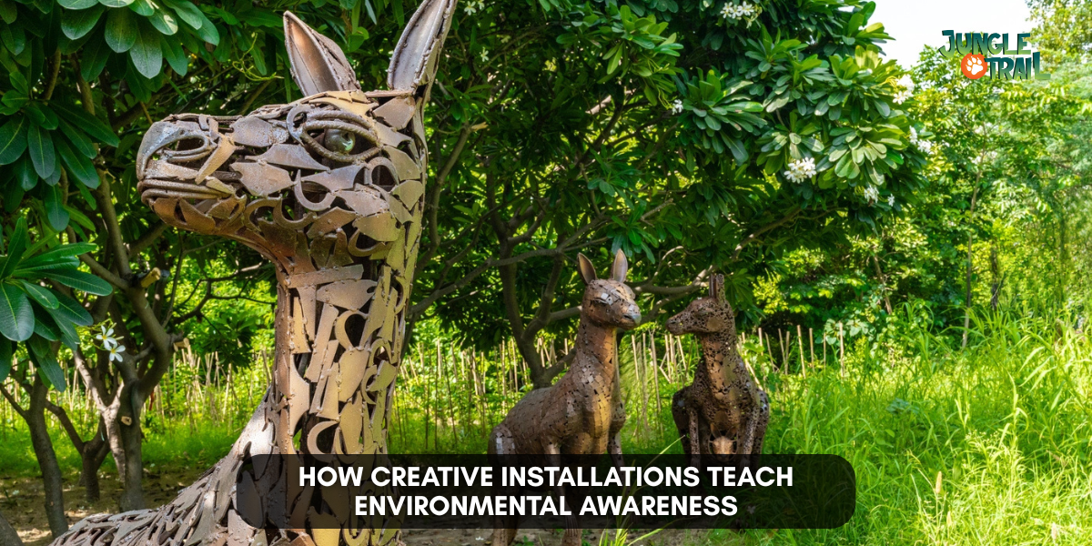 Recycled metal animal sculptures in a lush green setting at Jungle Trail Noida, showcasing creative installations that promote environmental awareness.
