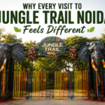 Jungle Trail Entrance gate of Jungle Trail Noida surrounded by lush greenery and giant elephant sculptures, highlighting the park’s unique outdoor experience, creativity, and nature-inspired atmosphere.