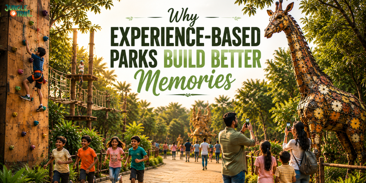 Children enjoying adventure activities at Jungle Trail while families explore nature-inspired pathways, rope bridges, climbing walls, and giant animal sculptures in a vibrant outdoor experience park designed for fun, creativity, and memorable family moments.