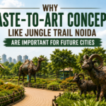 Jungle Trail Waste-to-art animal sculptures at Jungle Trail Noida showcasing sustainable creativity, eco-conscious design, and nature-inspired outdoor spaces that promote environmental awareness in future cities.