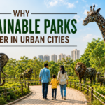 Jungle Trail Family walking through Jungle Trail Noida with large recycled metal animal sculptures in a sustainable urban eco park showcasing nature, outdoor recreation, and environmental awareness.