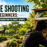 Air rifle shooting activity for beginners at Jungle Trail Noida adventure park, featuring a target shooting range, outdoor recreation area, and recycled wildlife sculptures in a nature-themed environment.