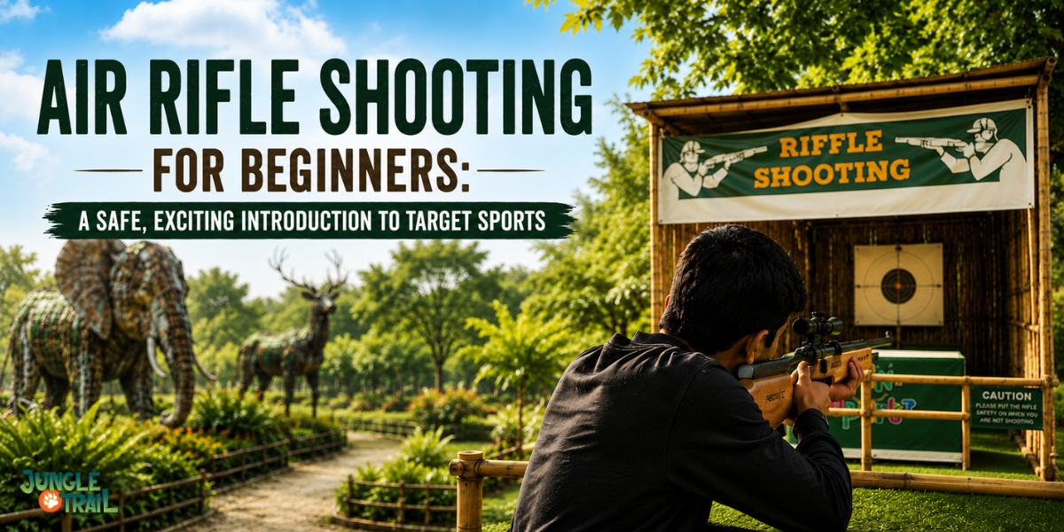 Air rifle shooting activity for beginners at Jungle Trail Noida adventure park, featuring a target shooting range, outdoor recreation area, and recycled wildlife sculptures in a nature-themed environment.