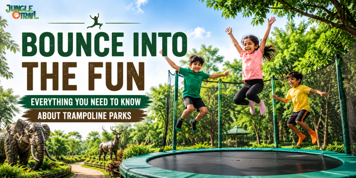 Children jumping happily on an outdoor trampoline surrounded by greenery at Jungle Trail Noida, showcasing a fun and family-friendly adventure park experience with wildlife-inspired sculptures in the background.