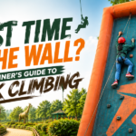 Children enjoying a rock climbing activity at Jungle Trail Noida's outdoor adventure park. Two young climbers wearing safety helmets and harnesses scale a climbing wall, while lush greenery and wildlife sculptures create a nature-themed backdrop. The image promotes beginner-friendly rock climbing and outdoor adventure experiences for families and kids.