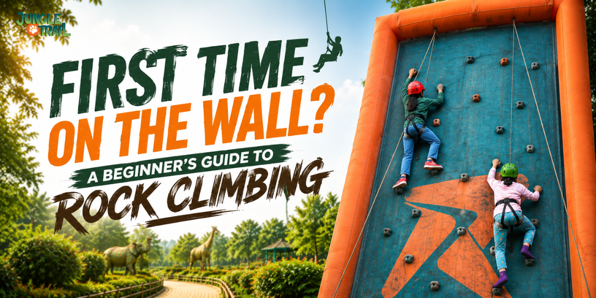 Jungle Trail Children enjoying a rock climbing activity at Jungle Trail Noida's outdoor adventure park. Two young climbers wearing safety helmets and harnesses scale a climbing wall, while lush greenery and wildlife sculptures create a nature-themed backdrop. The image promotes beginner-friendly rock climbing and outdoor adventure experiences for families and kids.