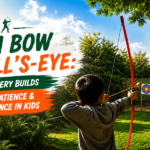 Jungle Trail Child practicing archery at Jungle Trail Noida, aiming a bow and arrow at colorful targets in a lush outdoor setting. The image promotes the blog "From Bow to Bull's-Eye: How Archery Builds Focus, Patience, and Confidence in Kids" and highlights archery as a fun, skill-building activity for children.