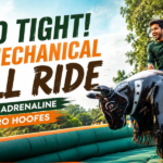 Jungle Trail Man riding a mechanical bull at Jungle Trail Noida, enjoying an exciting outdoor adventure activity surrounded by greenery. The image promotes the blog “Hold Tight! The Mechanical Bull Ride — Pure Adrenaline, Zero Hooves” and showcases the thrilling mechanical bull ride experience for adventure seekers, families, and groups.