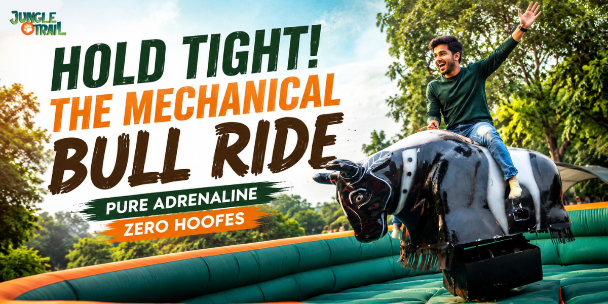 Jungle Trail Man riding a mechanical bull at Jungle Trail Noida, enjoying an exciting outdoor adventure activity surrounded by greenery. The image promotes the blog “Hold Tight! The Mechanical Bull Ride — Pure Adrenaline, Zero Hooves” and showcases the thrilling mechanical bull ride experience for adventure seekers, families, and groups.