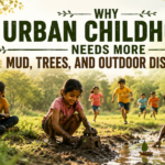 Kids enjoying outdoor activities in a nature park, playing with mud, exploring trees, and learning through outdoor discovery, promoting healthy urban childhood development and nature-based recreation.