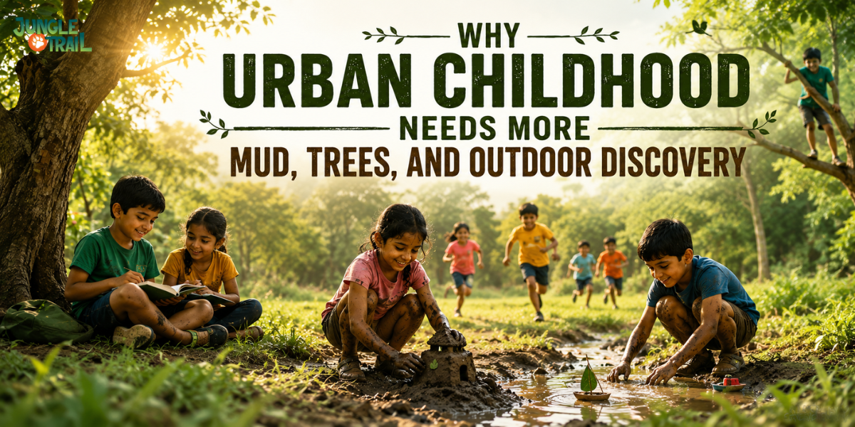 Kids enjoying outdoor activities in a nature park, playing with mud, exploring trees, and learning through outdoor discovery, promoting healthy urban childhood development and nature-based recreation.