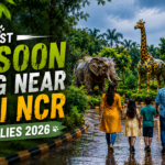 Family walking past recycled metal elephant and giraffe sculptures at Jungle Trail Noida during monsoon season