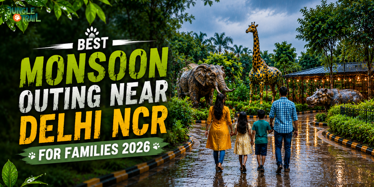 Family walking past recycled metal elephant and giraffe sculptures at Jungle Trail Noida during monsoon season