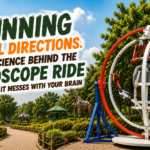 Jungle Trail Gyroscope ride with red and white rotating rings at Jungle Trail amusement park, surrounded by trees and animal statues