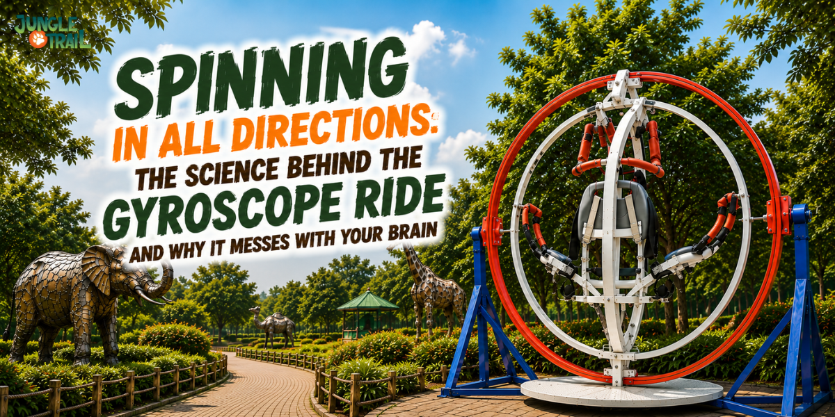 Jungle Trail Gyroscope ride with red and white rotating rings at Jungle Trail amusement park, surrounded by trees and animal statues