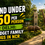 Jungle Trail Family enjoying an affordable weekend outing near Delhi at Jungle Trail Noida with wildlife sculptures, adventure climbing wall, and nature-themed park for under ₹150 per person in NCR.