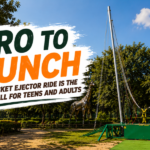Jungle Trail Rocket Ejector ride at Jungle Trail Noida with metal rhino and giraffe sculptures - thrilling bungee launch ride for teens and adults