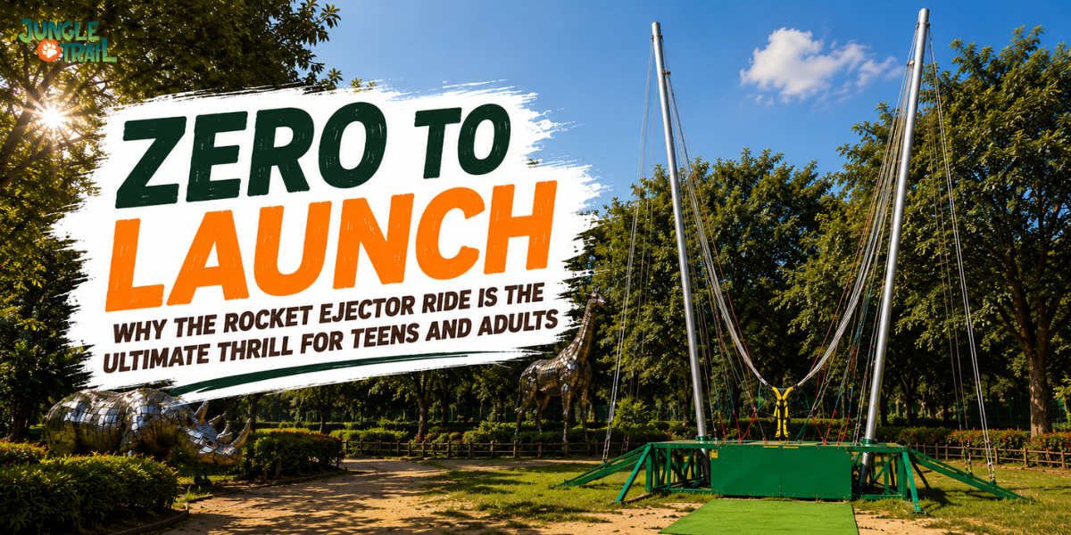 Jungle Trail Rocket Ejector ride at Jungle Trail Noida with metal rhino and giraffe sculptures - thrilling bungee launch ride for teens and adults