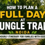 Jungle Trail Family enjoying archery and rock climbing at Jungle Trail Noida adventure park with lush greenery, showcasing a full-day itinerary for families with kids.