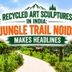 Recycled art sculptures at Jungle Trail Noida made from scrap metal in a green park