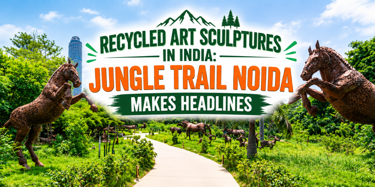 Recycled art sculptures at Jungle Trail Noida made from scrap metal in a green park
