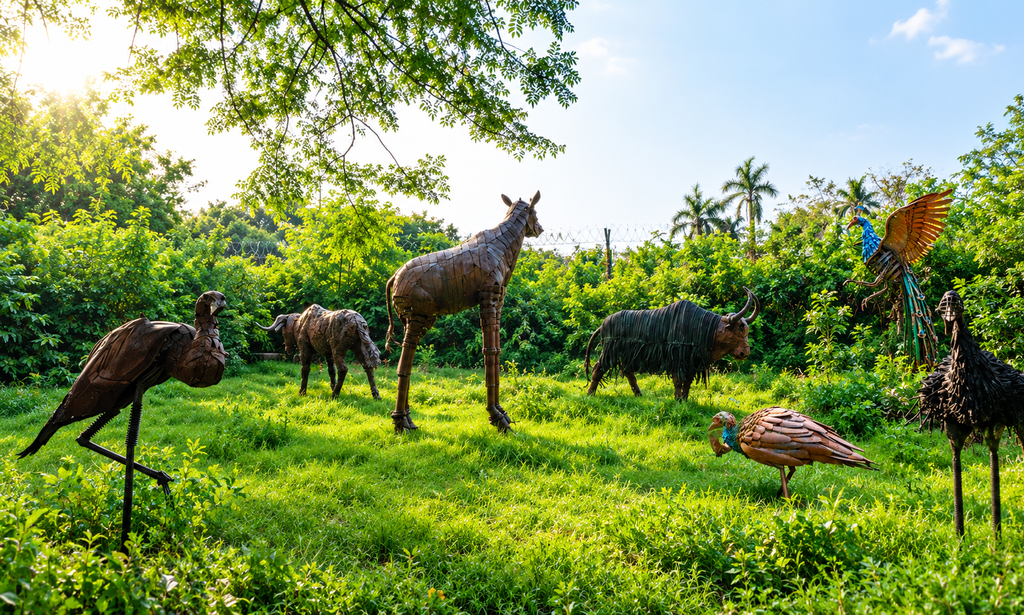  Life-sized lions, elephants, camels, tigers, and dozens of other animals made with scrap metal 