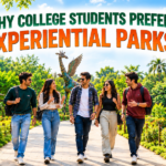 College students exploring an experiential park with recycled animal sculptures and outdoor attractions