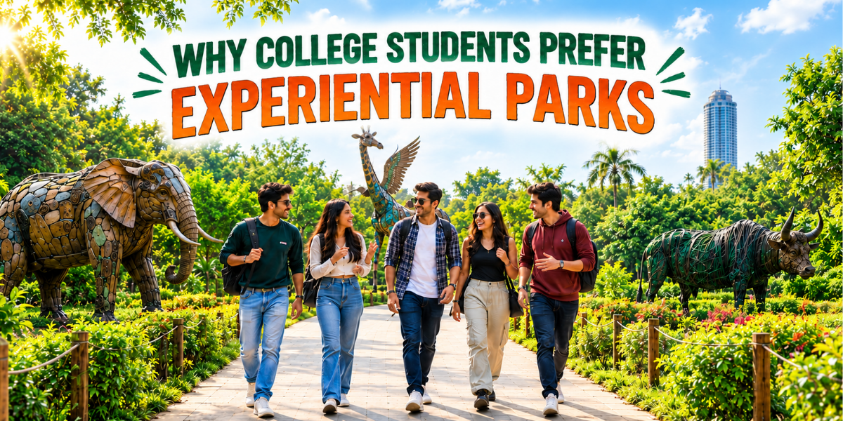 Jungle Trail College students exploring an experiential park with recycled animal sculptures and outdoor attractions